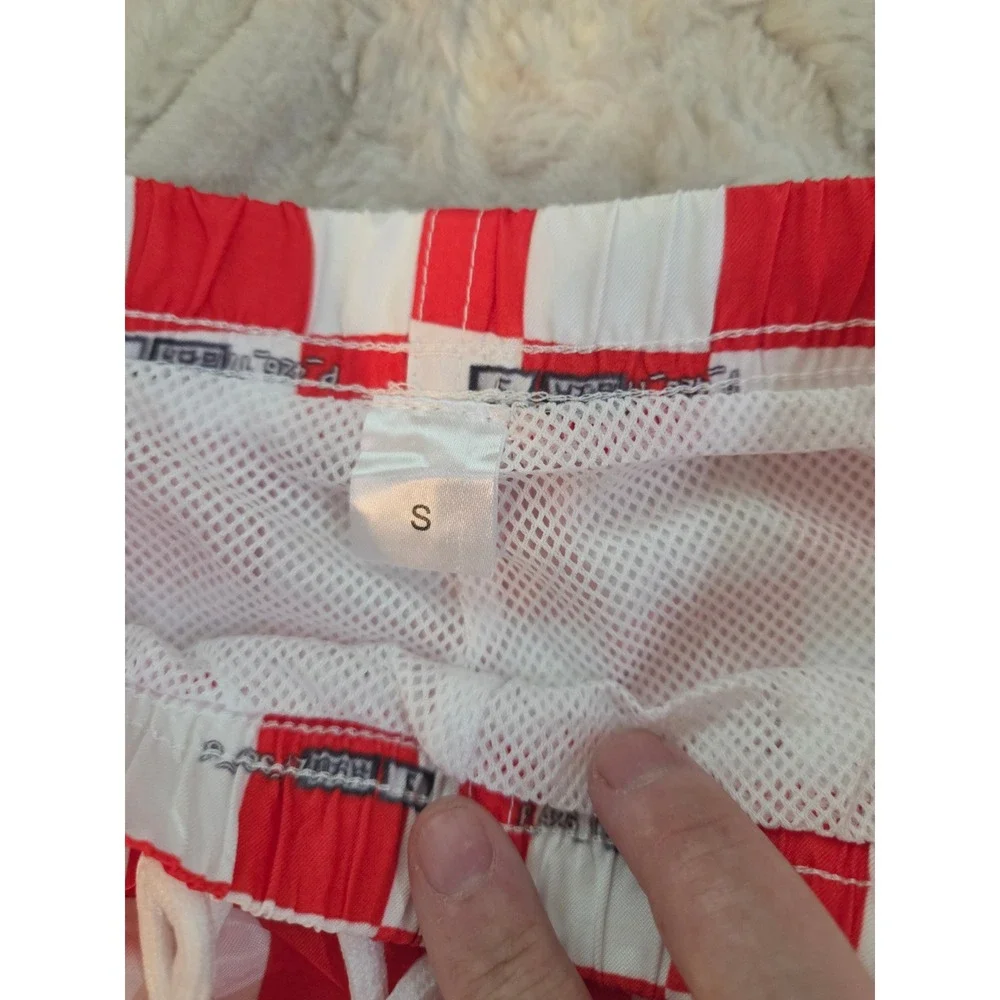 Kids Red White Checkered Swim Trunks Mesh Lined Drawstring Shorts Small